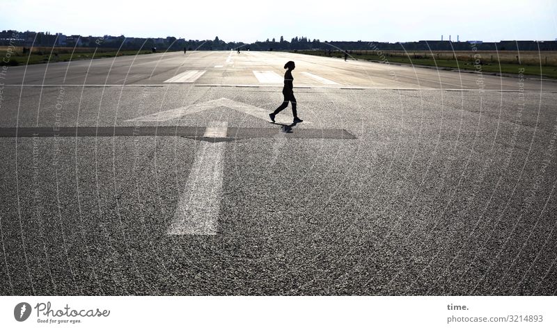 runway Environment Sky Horizon Beautiful weather Berlin Lanes & trails Asphalt Runway Stone Sign Road sign Arrow Relaxation Going Determination Watchfulness