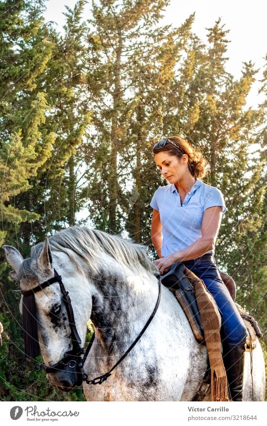 An attractive woman riding a horse in a natural Lifestyle Joy Happy Beautiful Relaxation Calm Summer Garden Human being Woman Adults Man Family & Relations