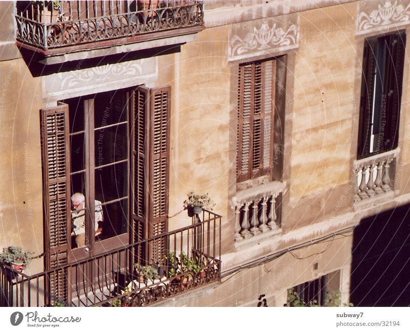 neighbor Retirement Neighbor Senior citizen Window Barcelona Spain House (Residential Structure) Town Facade Balcony Old building Window pane Man Boredom