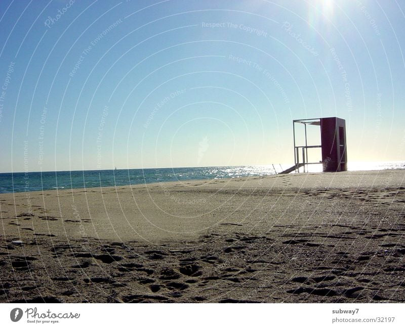 baywatch Beach Ocean Lifeguard Watch tower Vacation & Travel Spain Summer Horizon Europe Coast Water Mediterranean sea Sun Sand Hut Sky Bay watch