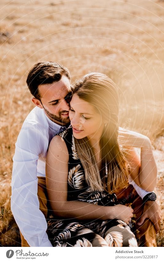 Peaceful lovers bonding on empty coastline Formentera balearic islands Spain couple embrace hug ocean golden endless serene tender cliff seashore remote summer