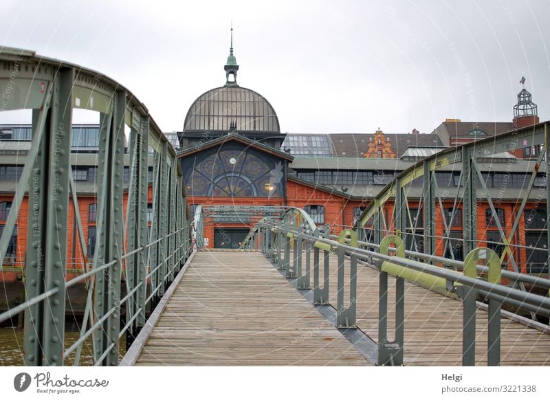 over a bridge the way leads to the fish auction hall in Hamburg Town Port City Deserted Bridge Tower Manmade structures Building Facade Roof Bridge railing