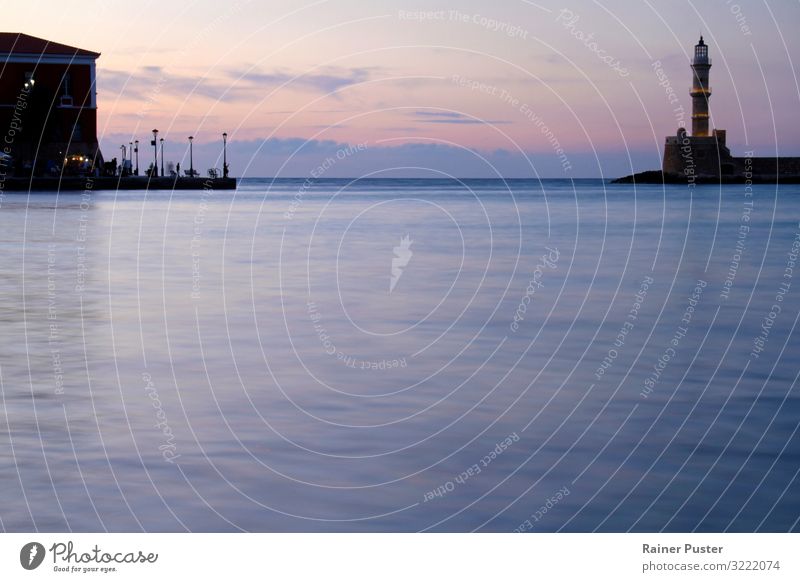 Evening atmosphere in Chania, Crete Harmonious Meditation Coast Bay Ocean Mediterranean sea Port City Harbour Tower Lighthouse Blue Violet Pink Red Black Serene