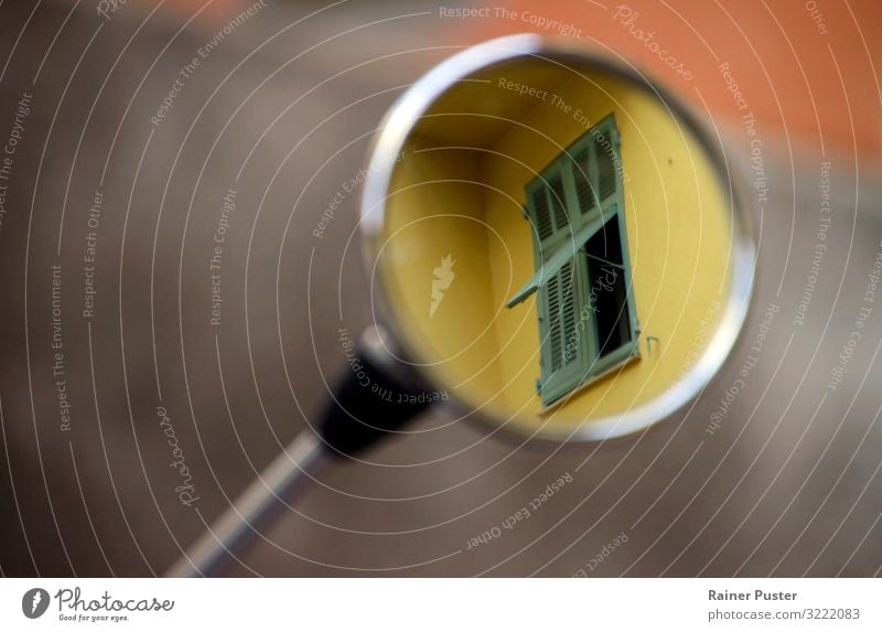 Open window in moped mirror Nice Downtown Old town Facade Window Sharp-edged Round Brown Yellow Mirror Mirror image Reflection Colour photo Exterior shot