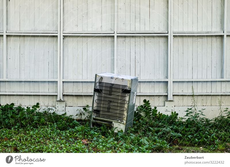 Disused refrigerator in front of white board wall Icebox Foliage plant Weed Wall (barrier) Wall (building) Electric kitchen appliance Wood Steel Old Hideous