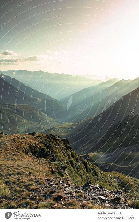 Mysterious mountain high in row in sunlight fog nature travel landscape sky rural mist way path trip scenic journey countryside weather foggy route freedom