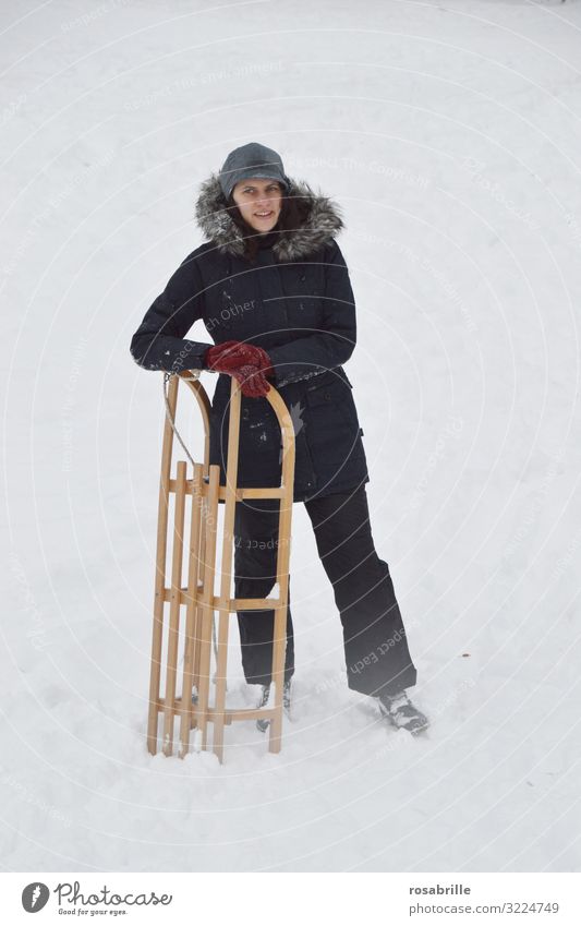 Sleigh ride - woman in snow with wooden sleigh Joy Leisure and hobbies Winter Snow Christmas & Advent Vacation & Travel Winter vacation Sports Winter sports