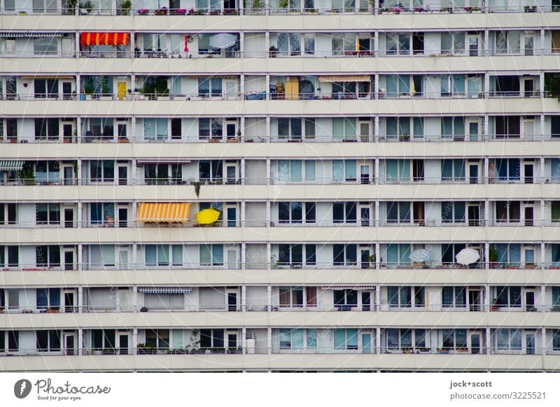 always the same plate Downtown Berlin Prefab construction Facade Balcony Weather protection Concrete Stripe Authentic Sharp-edged Long Gloomy Symmetry