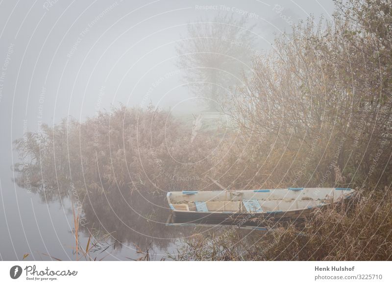 Old row boat in a lake at a misty icy morning the Netherlands alone beautiful beauty calm cold color early empty environment europe fishing fog foggy freeze