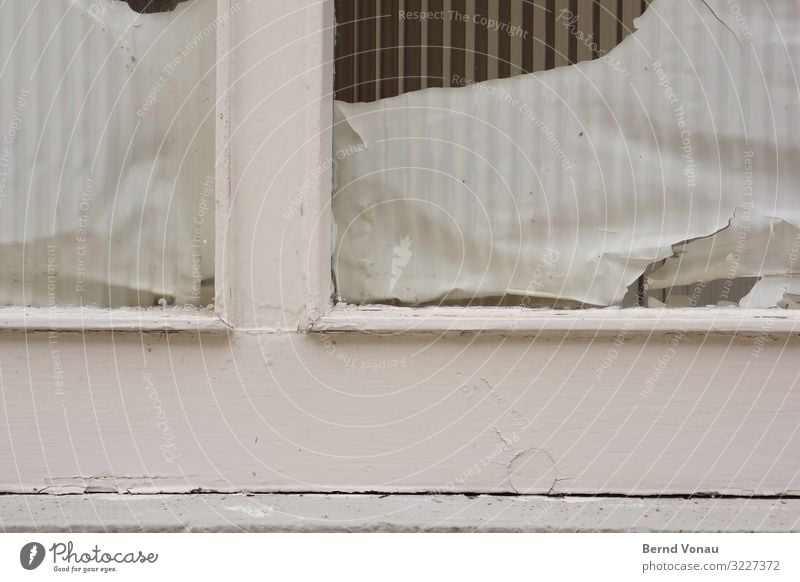 reopening Small Town House (Residential Structure) Facade Door Old Shop window Glass Paper Hide Broken Shabby White Authentic Wood Vintage Opening Varnish