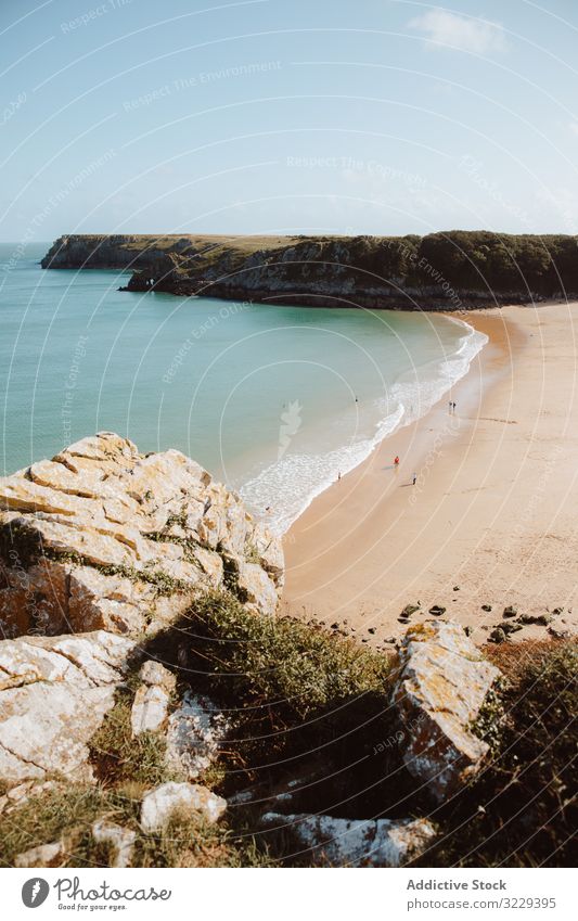 Sandy beach between long cliffs by sea landscape barafundle bay water rock travel destination resort trip tourism scenery seascape idyllic picturesque