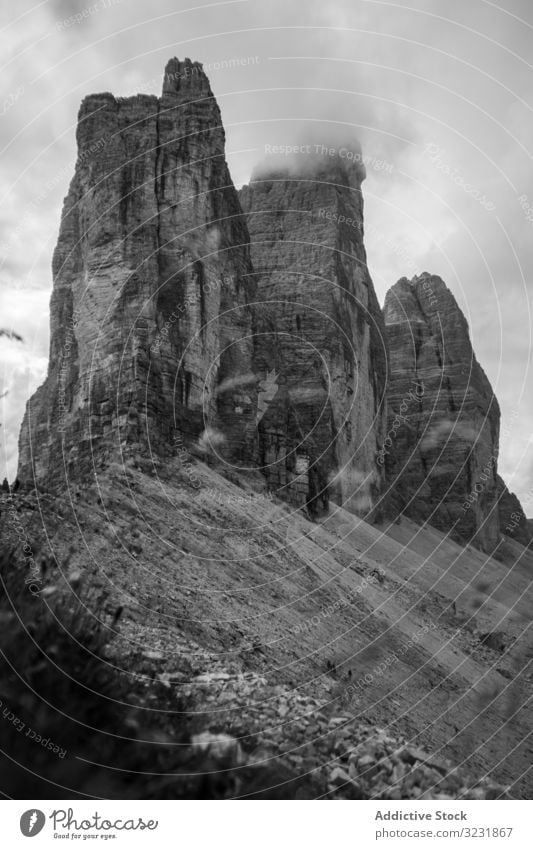 Tre cime di Lavaredo in Dolomites during cloudy weather mountain peak dolomites tre cime di lavaredo tourism alpine rock alps italy solitude europe freshness