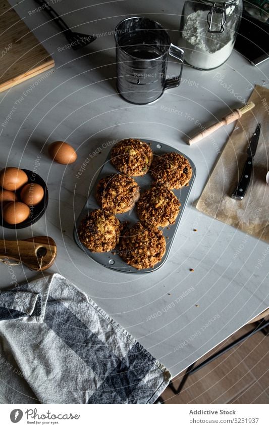 Homemade muffins and cooking ingredients on table homemade peach composition delicious cupcake baking dish dessert food nut egg pastry bakery tasty fruit