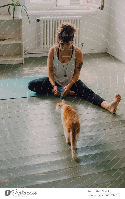 Relaxed woman playing with cat on floor at home relaxed caring feline domestic apartment barefoot casual modern minimalistic sit pet young adult cute animal