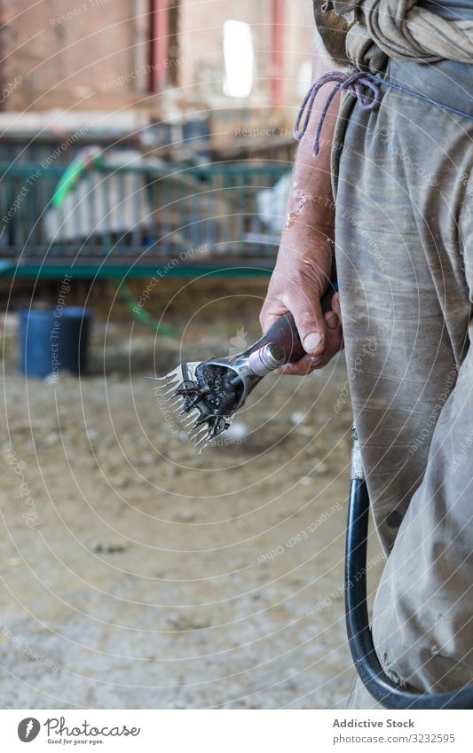 Sheep shearing machine hanging on rope tool sheep barn farm razor shabby dark weathered professional shed equipment work job trim instrument electric livestock