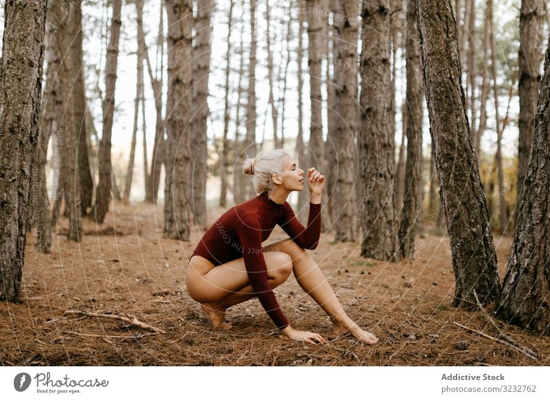 Beautiful modern woman resting barefoot in evergreen forest woods harmony squatting primitive blonde carefree attractive beautiful charming leotard red bright