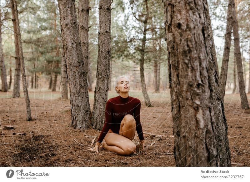 Beautiful modern woman resting barefoot in evergreen forest woods harmony squatting primitive embracing knees blonde carefree attractive beautiful charming