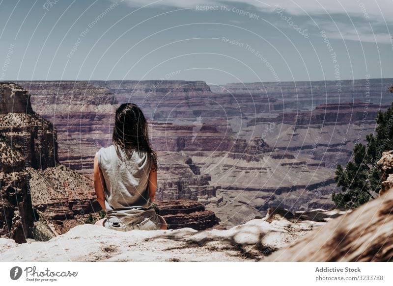 Tourist gazing while standing on edge of picturesque canyon tourist gaze cliff mountain range contemplating summer usa hot scenic greenery blue sky mist gorge