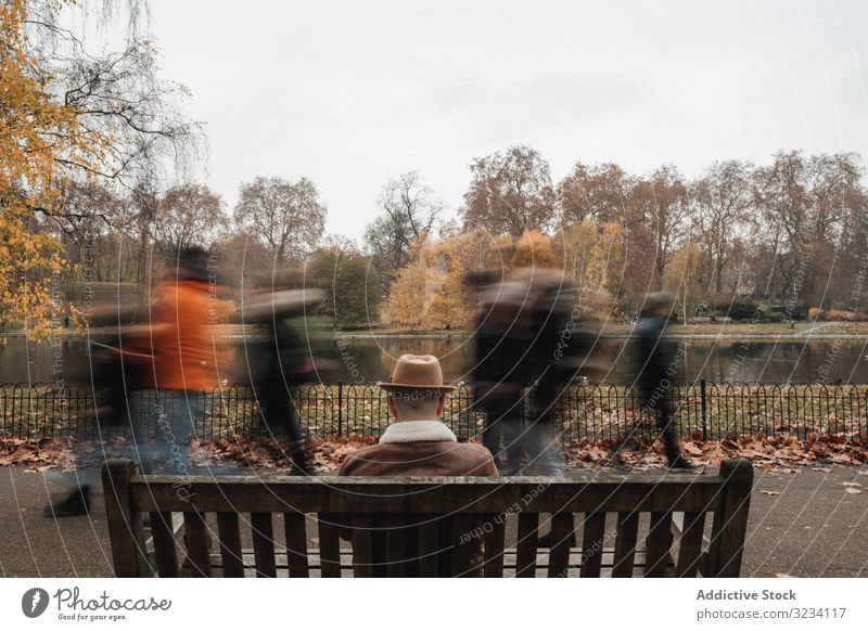 Anonymous man resting on bench near pond park lake autumn alley sit london adult male tree fall season water calm tranquil serene peaceful guy hat casual