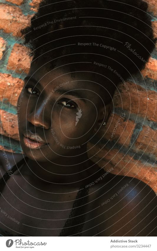 Black woman leaning against wall black looking at camera dreaming african american curly natural model sensual refined female modern skin peace short-haired