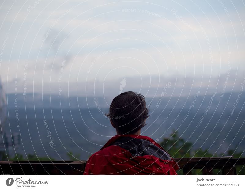 Climate change between man and nature Trip Woman Adults 1 Human being 45 - 60 years Landscape Storm clouds Horizon Forest Rain jacket Short-haired Observe