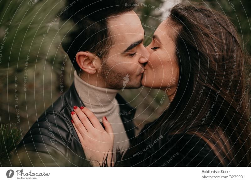 Happy couple hugging among pine forest coniferous love date happy passion glad relationship romance intimate smile pleasure caress embrace enjoy gentle