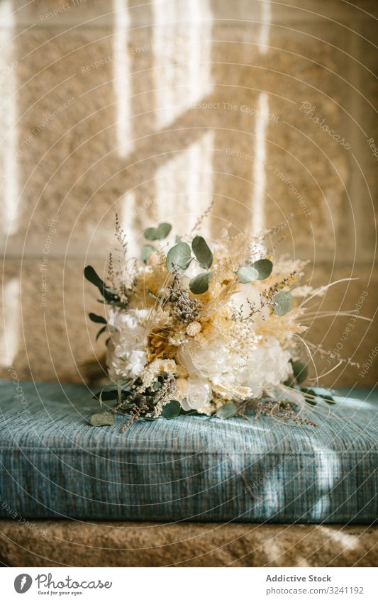 Elegant bouquet on soft cushion elegant flower rustic home window wedding curtain decor present romantic celebration floral bloom blossom bunch wall gift fancy