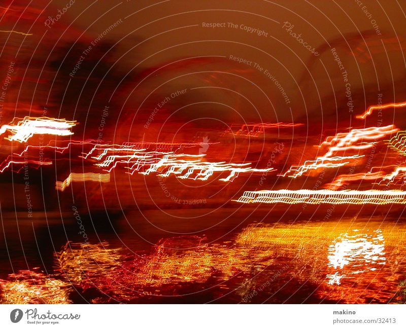 Fun boat trip Light Red Yellow Watercraft Tree Roller coaster Amusement Park Long exposure Evening