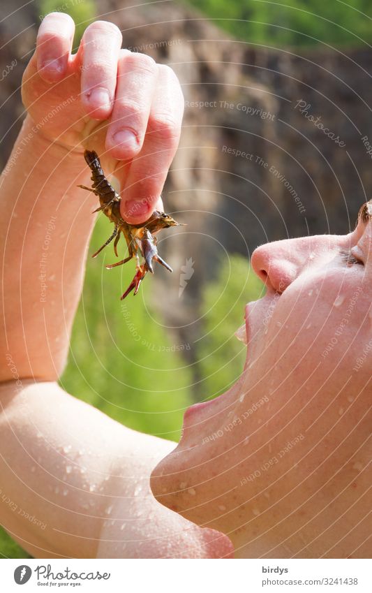 Young man pretending to eat a live crawdad Nutrition Leisure and hobbies Masculine Youth (Young adults) Face sleeves by hand 1 Human being 18 - 30 years Adults