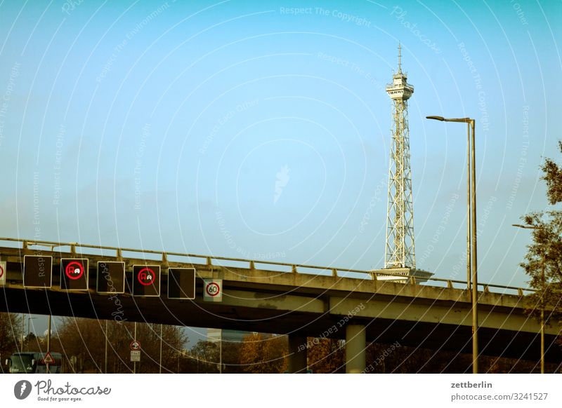 Radio tower behind the motorway Berlin Charlottenburg Haze Fog Autumn Deserted November Town Copy Space City life Transmitting station Street Transport