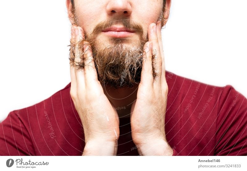 Man with beard soap or shampoo for refreshing the beard, Health beauty and skin care concept. clean and fresh isolated on white background close-up Shopping