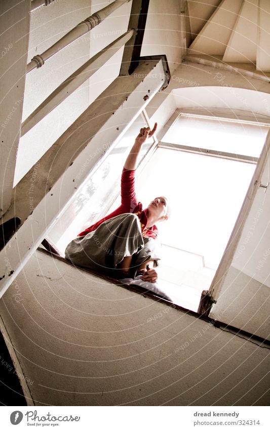 stairwell Androgynous 1 Human being House (Residential Structure) Building Architecture Stairs Window Perspective Staircase (Hallway) Banister Passage Light