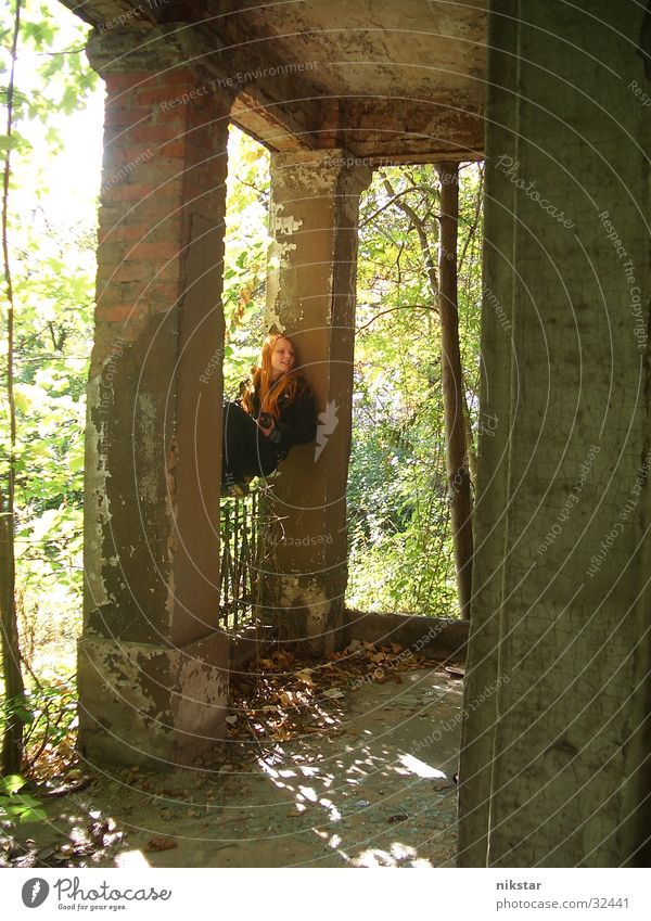 on railing 2 Woman Girl Broken Tree Green Black Terrace Ruin Tumbledown House (Residential Structure) Building Balcony Derelict Red-haired Column Handrail