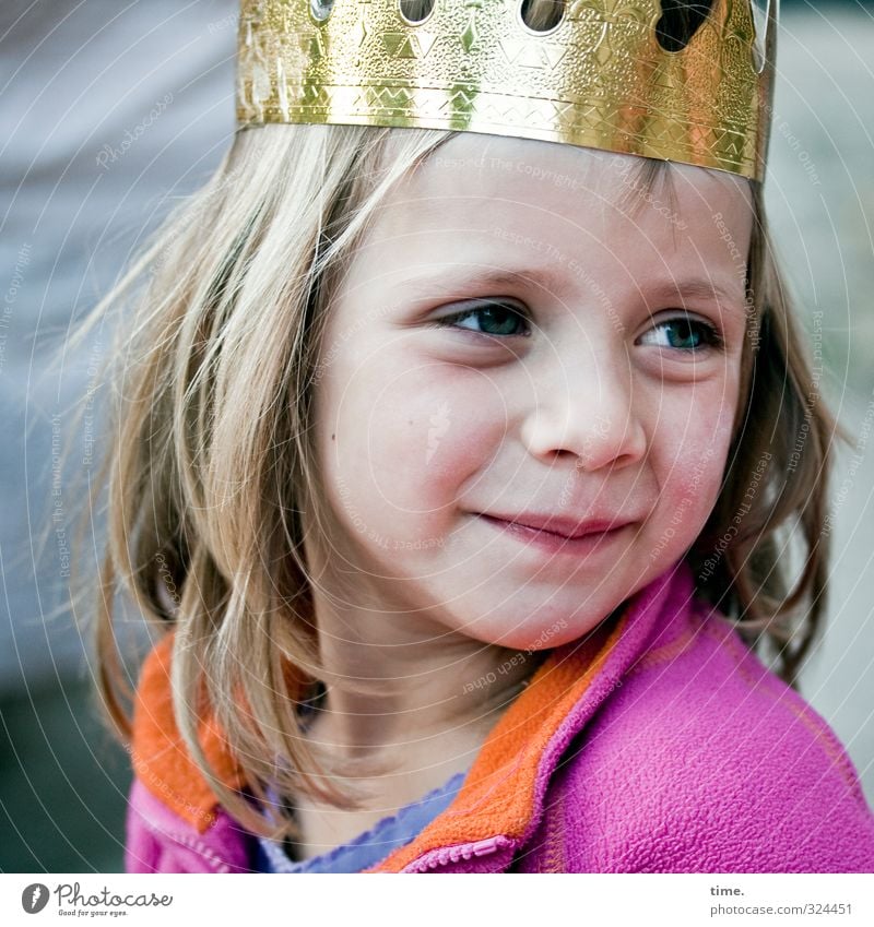 Fairy Tale Little Queen Feminine Girl 1 Human being 3 - 8 years Child Infancy Jacket Crown Blonde Long-haired Observe Looking Wait pretty Happy Contentment