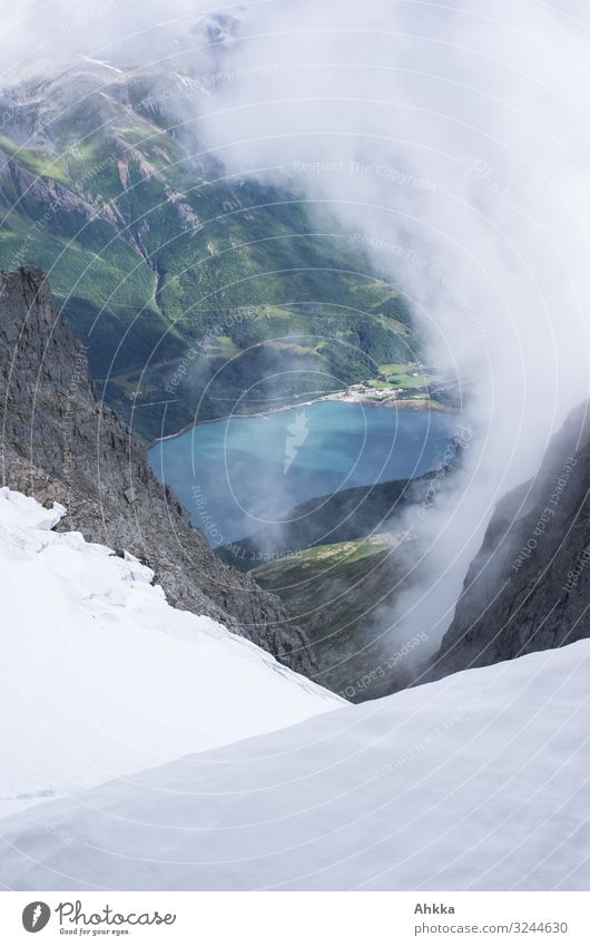 View from the Svartisen glacier Vacation & Travel Adventure Climbing Mountaineering Nature Climate Climate change Glacier Fjord Norway Blue Green White Discover