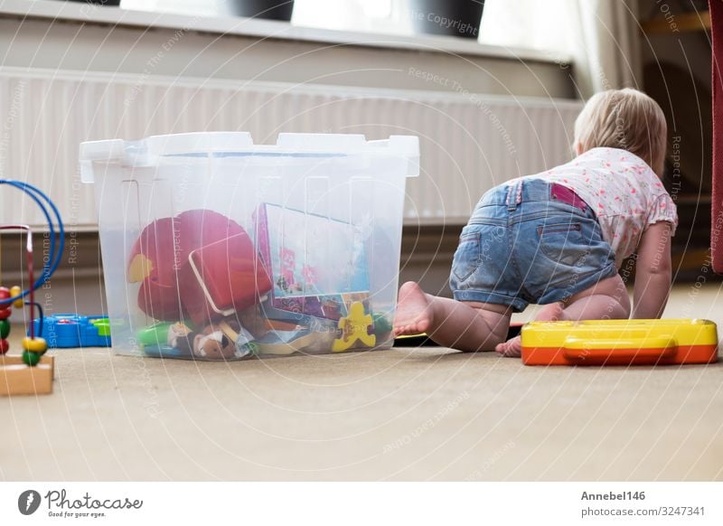 Baby playing alone with toys on a carpet on the floor at home Lifestyle Joy Happy Relaxation Leisure and hobbies Playing Living room Child Human being Toddler