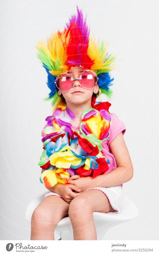 little girl in disguise with wig in many colors and pink round sunglasses Joy Happy Face Entertainment Feasts & Celebrations Human being Feminine Child Girl