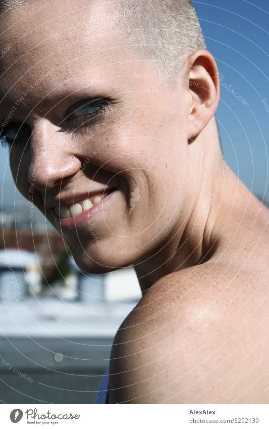 Side portrait of a young woman with freckles and dimples smiling looking over her shoulder pretty Life Young woman Youth (Young adults) Shoulder Face pit