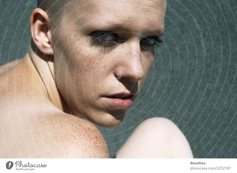 Portrait of a young, freckled woman 'with blue eyes and many freckles on shoulder and face Style pretty Senses Young woman Youth (Young adults) Face Shoulder