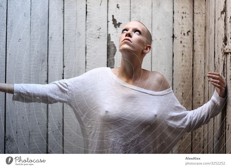 Young woman with very short hair looks expectantly at the skylight in front of a board wall Style pretty Room Attic Wooden wall Youth (Young adults) Face