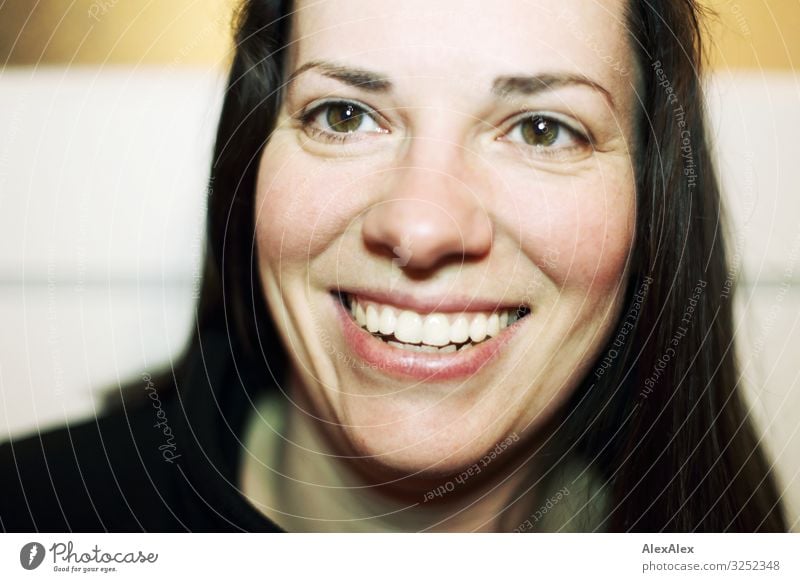 Portrait of a young woman smiling Style Joy Beautiful Life Young woman Youth (Young adults) Adults Face 30 - 45 years Sweater Black-haired Long-haired Smiling