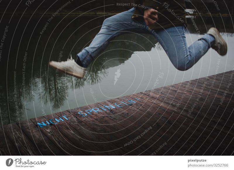 jump n run Sports Fitness Sports Training Masculine Man Adults Feet 1 Human being 30 - 45 years Water Lakeside Jeans Movement Jump Revolt Assignment Footbridge