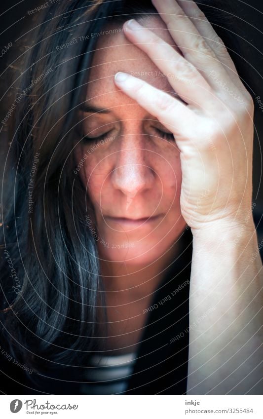 Long haired woman with closed eyes and hand on head Woman Adults Life Hair and hairstyles Face Hand 1 Human being 30 - 45 years Black-haired Brunette