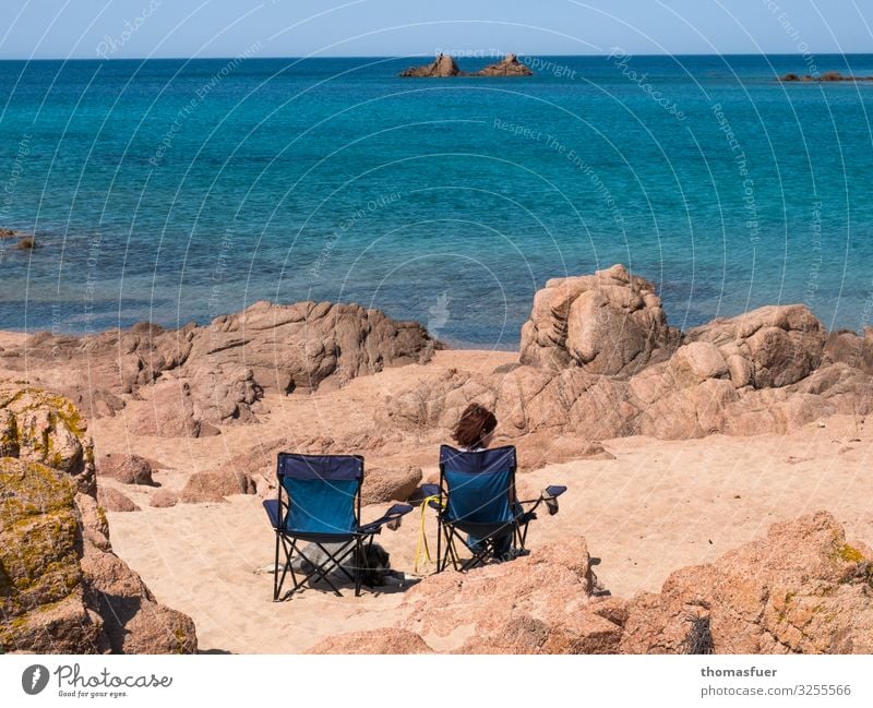 Woman at the beach with empty chair next to her Vacation & Travel Trip Far-off places Freedom Summer Summer vacation Beach Ocean Waves Human being Feminine