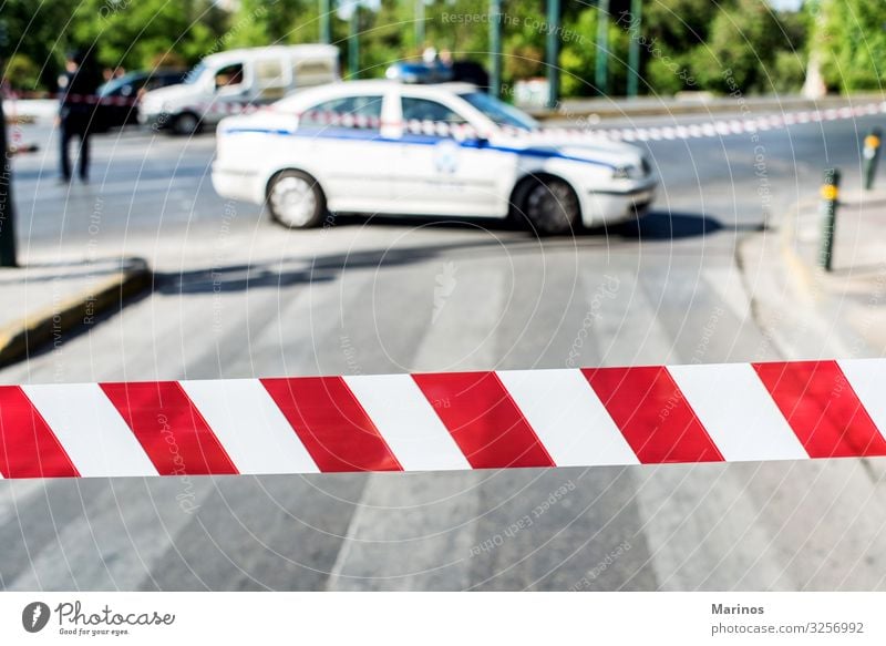 police closing the traffic of the road Transport Street Road sign Car Sign Line String Red White Safety Safety (feeling of) Caution Disaster Tape cassette