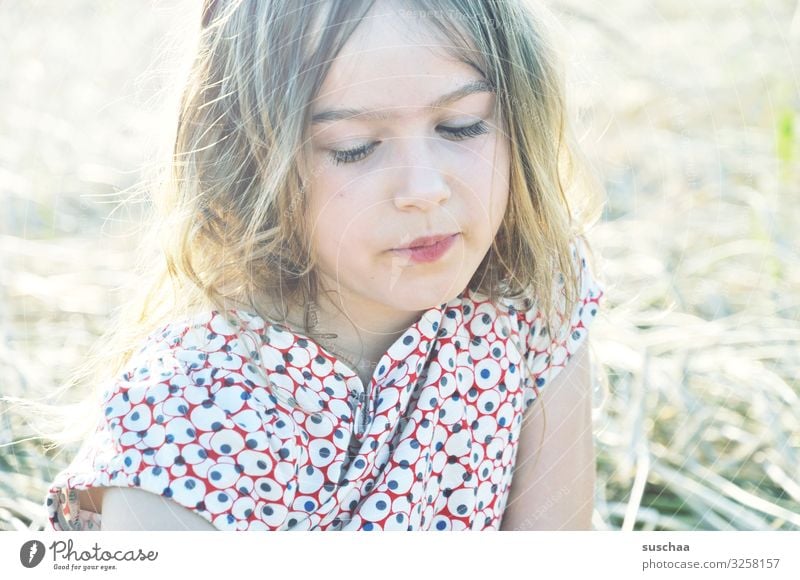 Girls (2) Child Girlish Lovely Beautiful Sweet Soft Bright Summery Easy Portrait photograph Face Downward Sunlight Exterior shot Warmth Hair and hairstyles Eyes