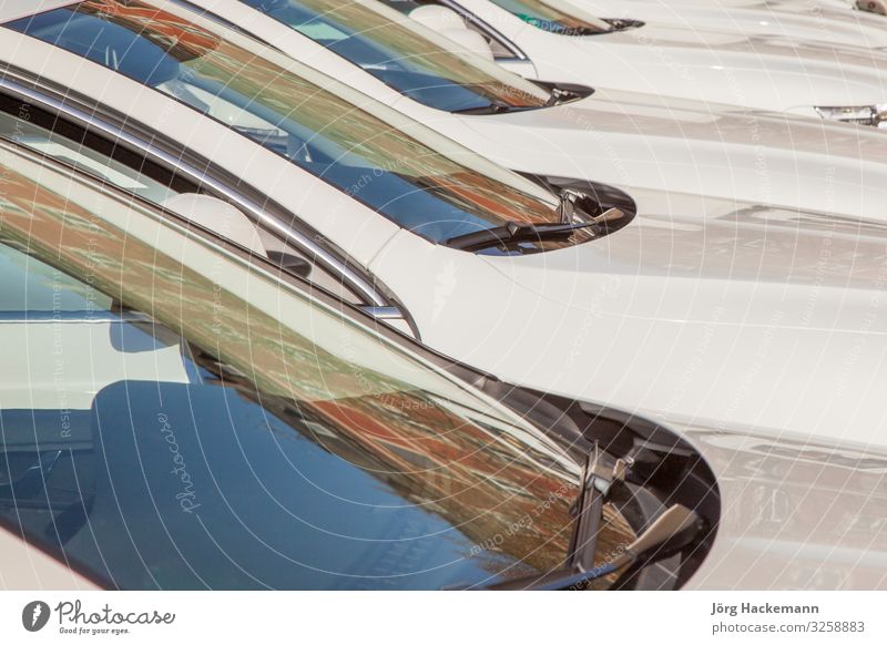 detail of white cars parking Transport Shield White background Motor vehicle many Parking row Symbols and metaphors Frontal Colour photo Detail Day