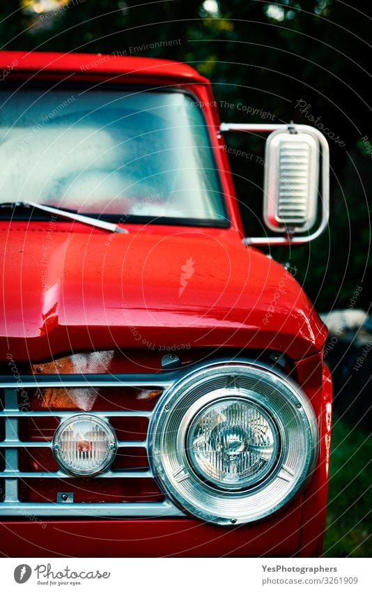 Vintage pick-up truck close-up. Front view of an old red car Luxury Design Transport Vehicle Car Vintage car Metal Old Glittering Retro Red Nostalgia American