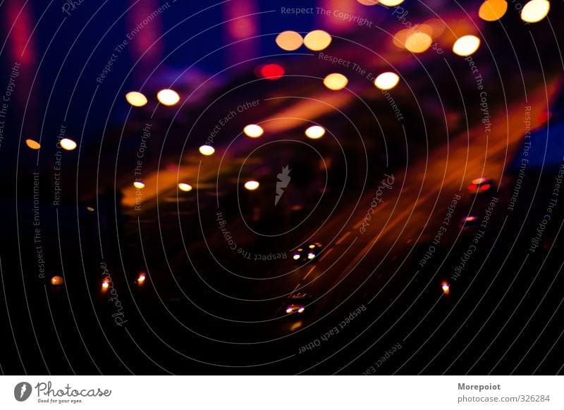 Lights Small Town Downtown Roof Road traffic Street Crossroads Road junction Highway Blue Brown Red Black Light-sensitive Colour photo Exterior shot Deserted