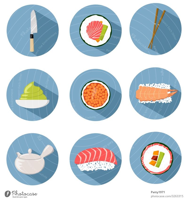 Sushi and asian cooking Flat Design Icons Food Meat Fish Seafood Nutrition Finger food Asian Food Lifestyle Delicious Round Tourism Tradition Illustration